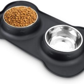 AsFrost Dog Food Bowls Stainless Steel Pet Bowls & Dog Water Bowls with No-Spill and Non-Skid, Feeder Bowls with Dog Bowl Mat for Dogs Cats and Pets