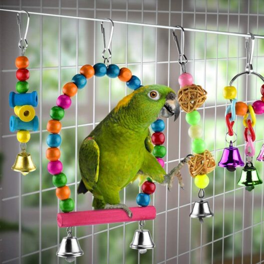 KATUMO 6 pcs Bird Parrot Toys, Bird Swing Toy Colorful Chewing Hanging Hammock Swing Bell Pet Climbing Ladders Toys Bird Toys for Parrots, Parakeet, Conure, Cockatiel, Mynah, Love Birds