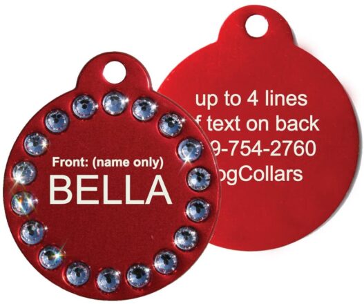 GoTags Pet ID Personalized, Swarovski Crystal Dog and Cat Pet ID Tags – Available in Bone, Round, or Heart Shapes – Double Sided (Front and Back) Custom Engraved, Various Colors