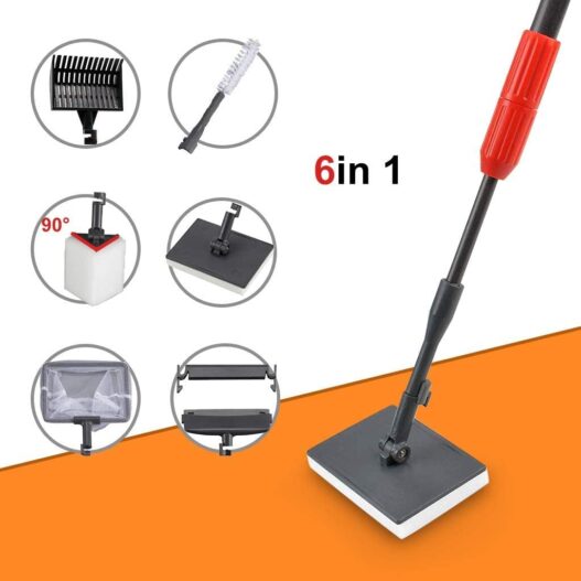 UPETTOOLS Aquarium Cleaning Tool 6 in 1 Fish Tank Cleaning Kit Algae Scraper Scrubber Pad Adjustable Long Handle Fish Tank Brush Cleaner Set