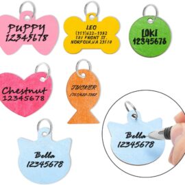 Pet ID Tag Personalized - 6 Pack Wooden Handwriting Name Tags for Dogs, Engraved Dog Cat Tags - 6 Colors and 6 Shapes for Small Medium Dogs Cats Puppy Kitten