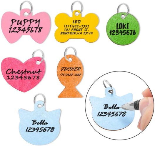 Pet ID Tag Personalized - 6 Pack Wooden Handwriting Name Tags for Dogs, Engraved Dog Cat Tags - 6 Colors and 6 Shapes for Small Medium Dogs Cats Puppy Kitten