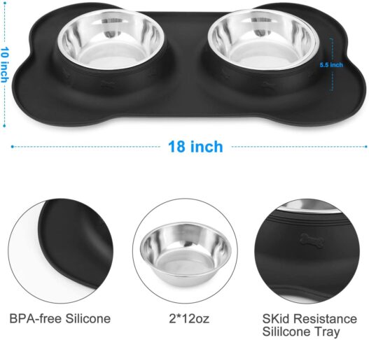 AsFrost Dog Food Bowls Stainless Steel Pet Bowls & Dog Water Bowls with No-Spill and Non-Skid, Feeder Bowls with Dog Bowl Mat for Dogs Cats and Pets