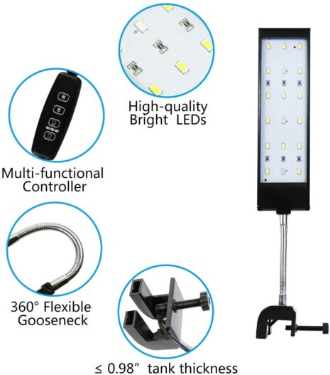 MingDak Fish Tank Clip on Light with Inline Timer, Clamp Aquarium Light with White & Blue LEDs, 3 Lighting Modes, Dimmable, 7W, 18 LEDs