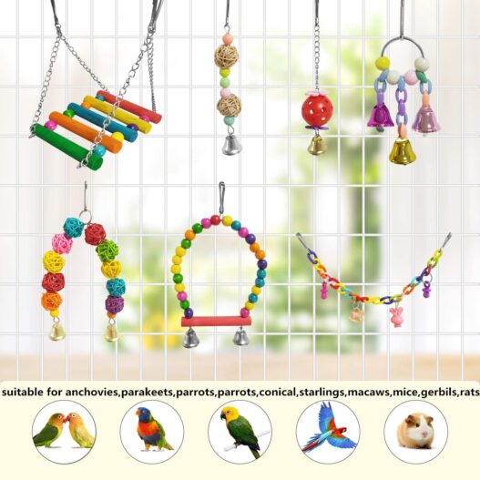E-KOMG 13 Packs Bird Swing Toys,Parrot Chewing Hanging Perches with Bell,Pet Birds Cage Toys Suitable for Small Parakeets,Love Birds,Cockatiels,Macaws,Finches
