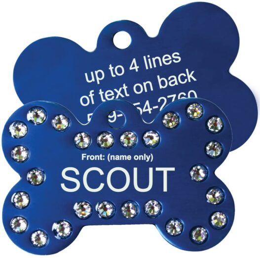 GoTags Pet ID Personalized, Swarovski Crystal Dog and Cat Pet ID Tags – Available in Bone, Round, or Heart Shapes – Double Sided (Front and Back) Custom Engraved, Various Colors