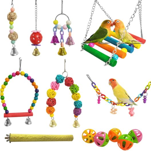 E-KOMG 13 Packs Bird Swing Toys,Parrot Chewing Hanging Perches with Bell,Pet Birds Cage Toys Suitable for Small Parakeets,Love Birds,Cockatiels,Macaws,Finches
