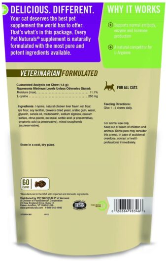 L-Lysine Chews for Cats, Immune and Respiratory Support Supplement, 60 Bite Sized Chews (3.74oz)