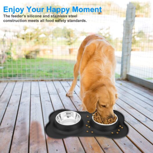 AsFrost Dog Food Bowls Stainless Steel Pet Bowls & Dog Water Bowls with No-Spill and Non-Skid, Feeder Bowls with Dog Bowl Mat for Dogs Cats and Pets