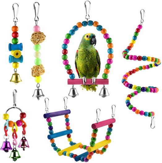 KATUMO 6 pcs Bird Parrot Toys, Bird Swing Toy Colorful Chewing Hanging Hammock Swing Bell Pet Climbing Ladders Toys Bird Toys for Parrots, Parakeet, Conure, Cockatiel, Mynah, Love Birds