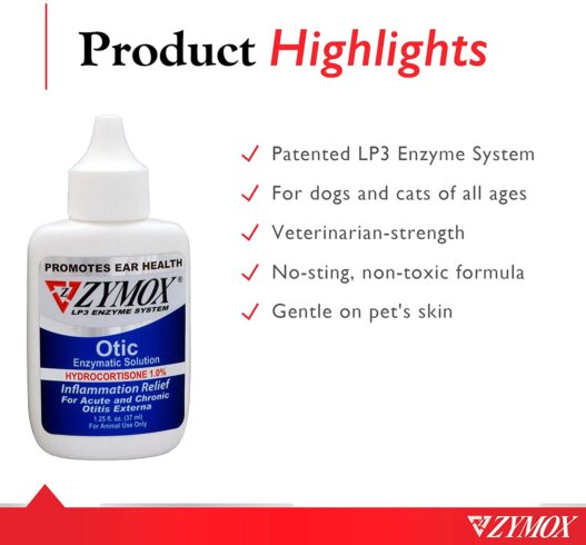 ZYMOX Ear Solution The Only No Pre-Clean Once-a-Day Dog and Cat Ear Solution Natural Enzyme Formula Contains Hydrocortisone for Comfort