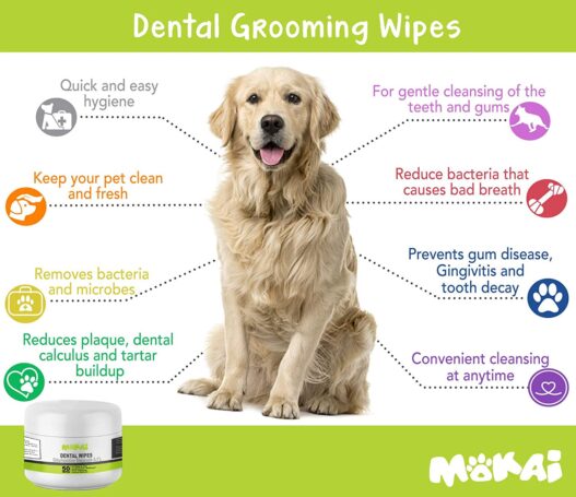 MOKAI Dental Wipes for Dogs and Cats | Pads with Chlorhexidine and Sodium Hexametaphosphate Remove Plaque Tartar Buildup Calculus and Bad Breath, Preventing Tooth Decay and Gingivitis