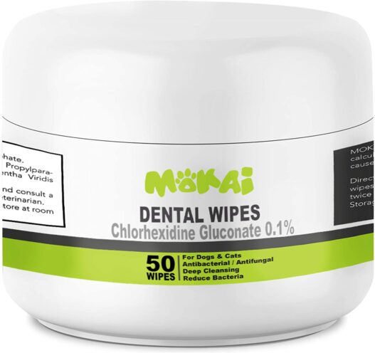 MOKAI Dental Wipes for Dogs and Cats | Pads with Chlorhexidine and Sodium Hexametaphosphate Remove Plaque Tartar Buildup Calculus and Bad Breath, Preventing Tooth Decay and Gingivitis
