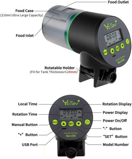 Ycozy 2nd Automatic Fish Feeder Intelligent Fish/Turtle/Goldfish Feeder for Aquarium & Fish Tank | 4 Times & 1-3 Turns | Intelligent Timer Fish Food Dispenser for Trips, Weekend & Vacation | Navi-EVS